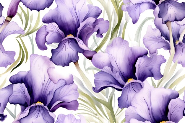 Iris flowers tileable watercolor hand drawn seamless pattern created with generative ai