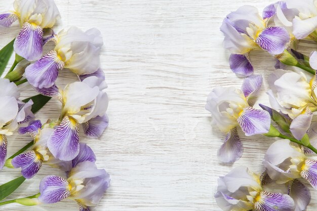 Iris flowers on wooden background