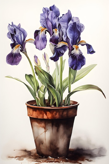 Foto iris in pot aquarel art print voor botanische woondecoratie generatieve ai