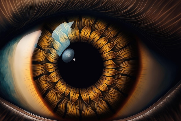 Iris and pupil of a brown eye are visible in close up