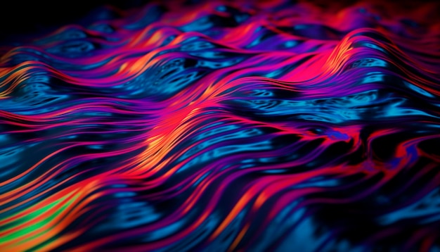Iriserend vloeibaar metalen oppervlak met golven abstracte fluorescerende achtergrond 3d illustratie