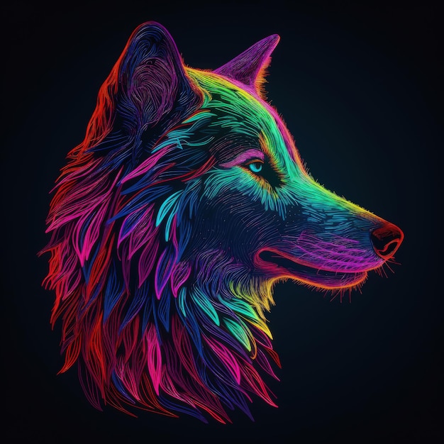 Iriserende neon huilende wolf in een psychedelische droom