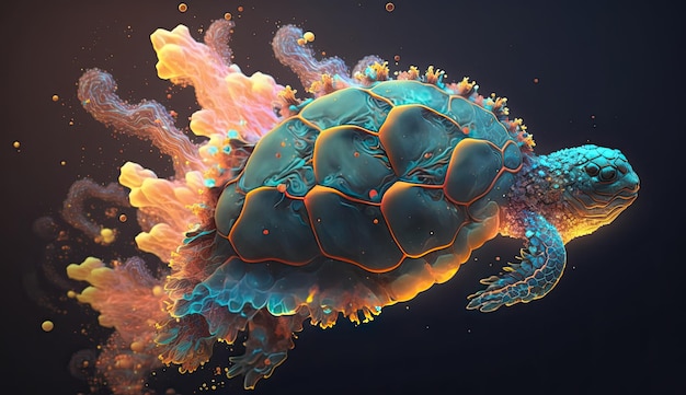 Iriserende schildpad gemaakt van zeekoralen en ruimte-elementen met generatieve AI