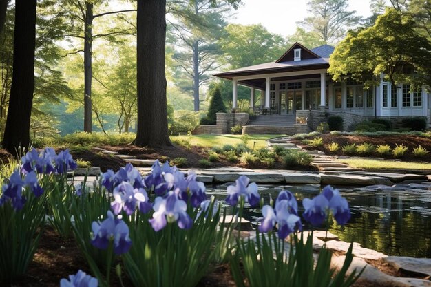 Photo irises bordering a serene lake cottage spring flower image photography