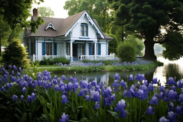 Photo irises bordering a serene lake cottage spring flower image photography