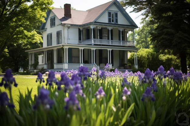 Photo irises enhancing a quaint bed and breakfast spring flower image photography