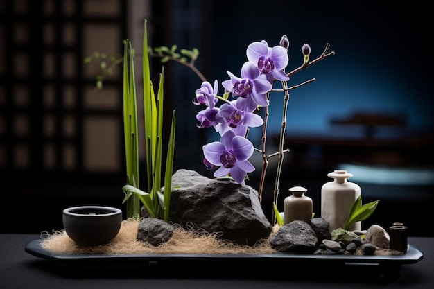Photo irises in a zen garden with bamboo spring flower image photography