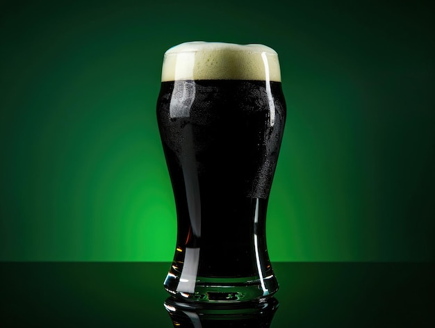 Foto birra nera irlandese su sfondo verde