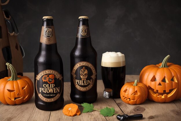 写真 アイルランドビール醸造所のハロウィン向けカジュアルスタウトビールブランド ビール瓶 ビールジョッキ 樽かぼちゃ