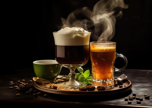 Photo a irish coffee cocktail accompanied by a shot of irish whiskey and a steaming espresso