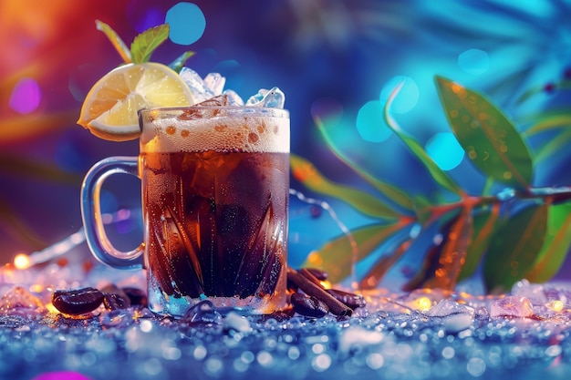 Фото Ирландский кофейный коктейль на неоновом фоне тропический моктейль пляжная вечеринка коктейль летний бар питье