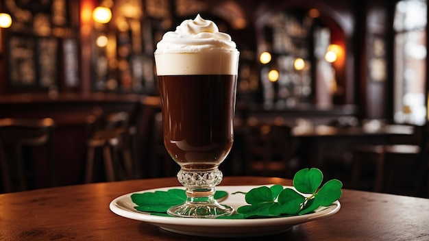 Coppa di caffè irlandese in un tradizionale pub irlandese che crea l'atmosfera includendo un sottile sfondo de