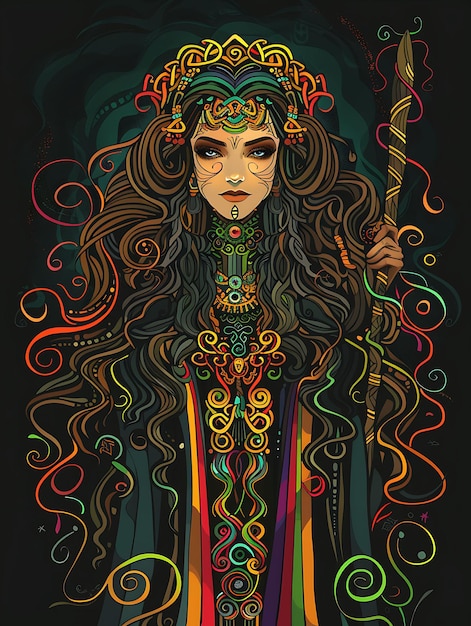 Irish Druid Woman Portrait Wearing a Robe and Headdress With Tshirt Design Art Tattoo Ink Frames