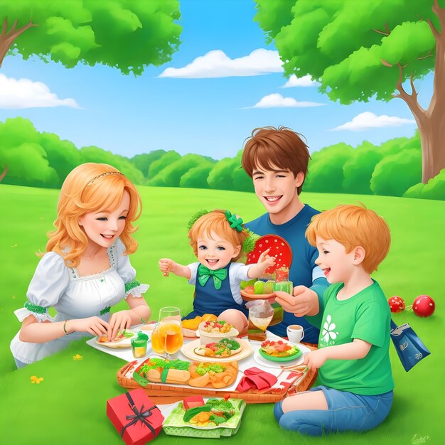 Photo irish family having a festive outdoor picnic on st patrick's day illustration ai generate image