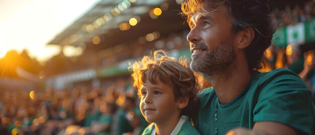 Photo irish father and son in green attire at sports event among enthusiastic fans in stadium concept family portraits sports events irish culture fatherson moments green attire