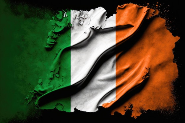 Irish flag on the black background with the geographical relief of ireland Irish symbol Generative AI