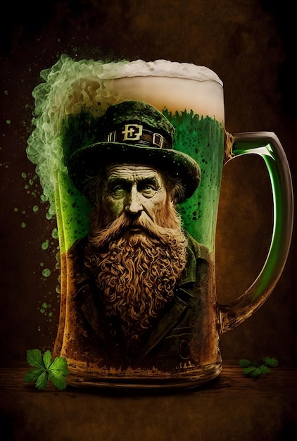 Irish green beer St Patrick's Day shamrock A glass mug of foamy green beer on the table Cultural religious holiday on March 17