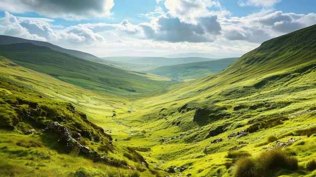 Irish landscapes with winding green hills and spacious valleys