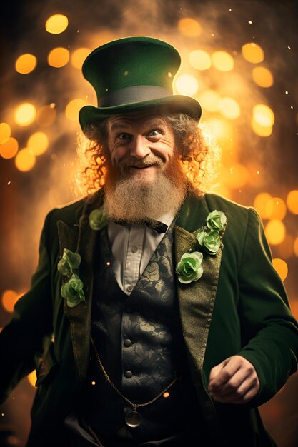 Irish leprechaun wearing a top hat is depicted against a shimmering golden backdrop Patricks Day