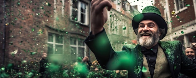 Irish man with a big mustache celebrates St Patricks Day with a green hat coat and joyful expression