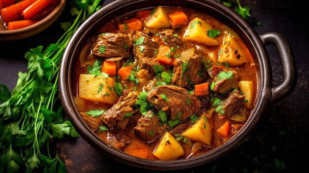 Photo irish stew made with beef potatoes carrots and herbs