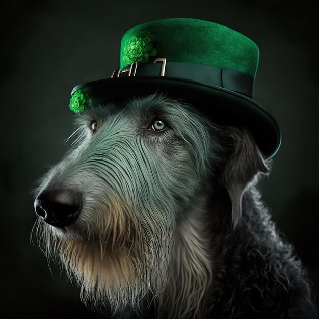 Ирландский волкодав в зеленой шляпе Международное празднование Дня Святого Патрика Сгенерировано AI