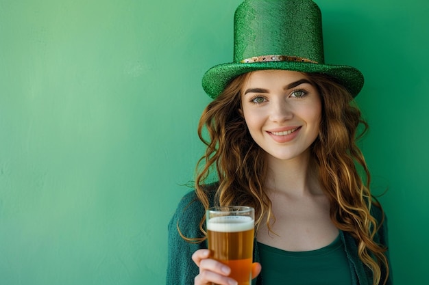 Photo irish woman holding a mug of irish beer