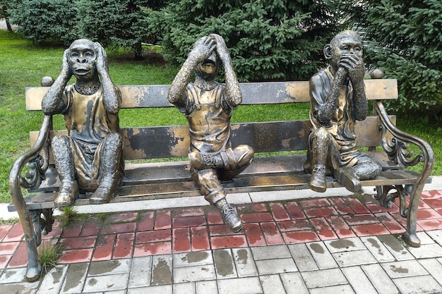 Irkutsk russia july 17 2023 sculptural composition three monkey with the concept of see no evil hear no evil and speak no evil