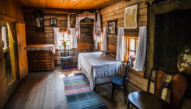 Irkutsk, Russia, May 6, 2019: Old fort in the "Taltsy" Irkutsk Architectural and Ethnographic Museum Russia. The traditional room in the log house, with icons on the walls.