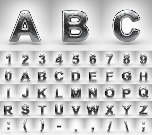 Iron alphabet with uppercase letters on white background. 3D rendered letters numbers and font symbols with gloss metal texture.