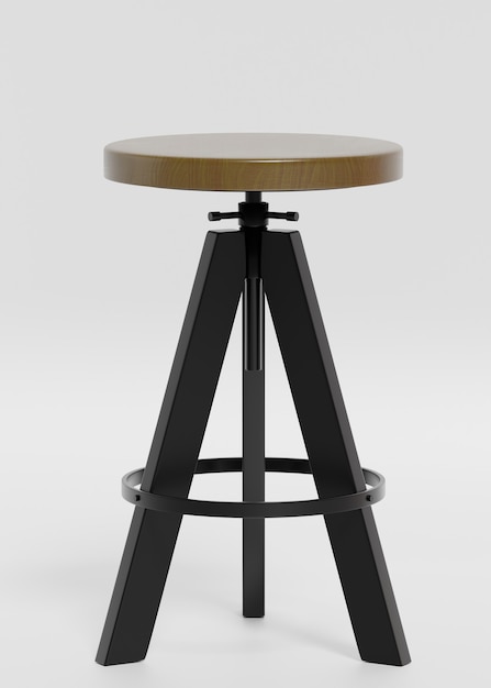 Iron bar stool with wooden plate on grey background  Bar stool isolation