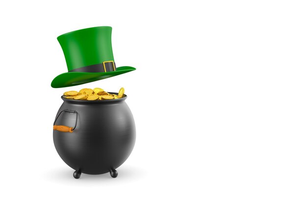 Iron cauldron full shiny gold coin on white background Isolated 3D illustration St Patricks day