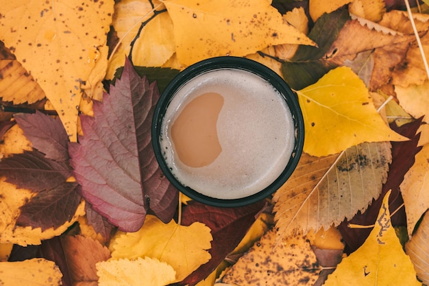 秋の紅葉にコーヒーを入れた鉄のカップ 寒い季節のサーモシス