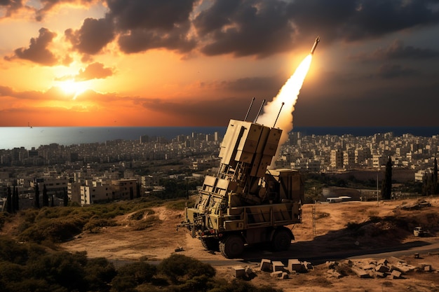 Photo iron dome system in the night sky during israeli military operations generative ai