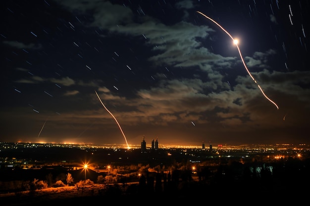 Photo iron dome system in the night sky during israeli military operations generative ai