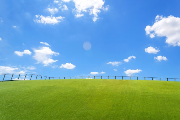 Recinzione del ferro sulla carta da parati del cielo blu e dell'erba verde