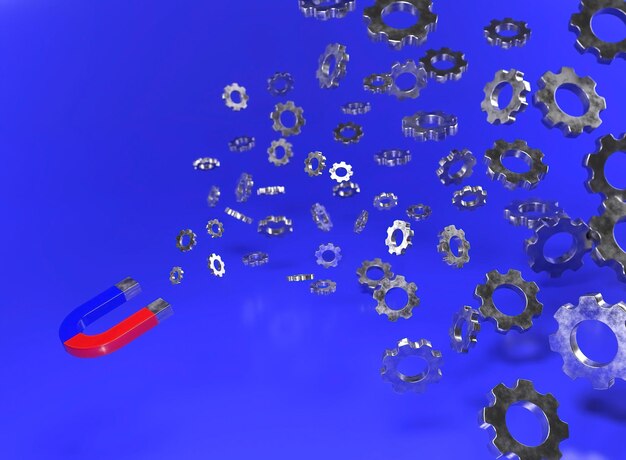 Iron magnet and flying gears on a blue background 3d illustration