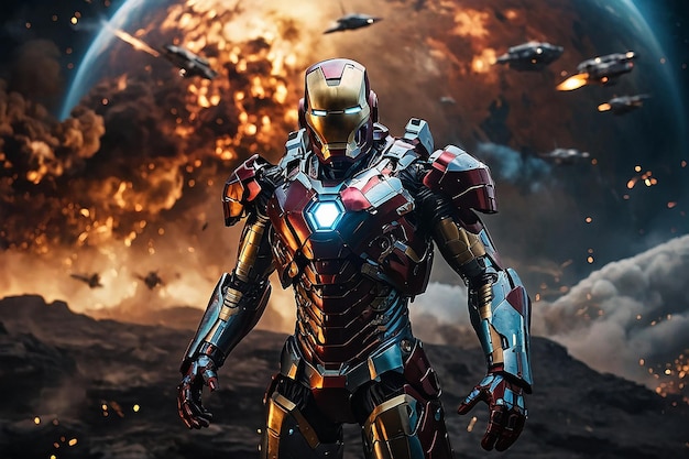 Photo iron man heroic stand in the heat of battle