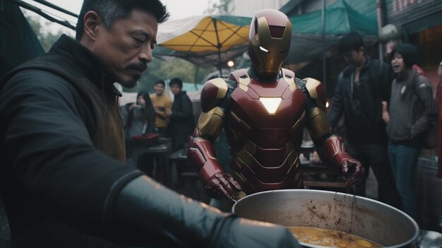 Iron man in a pan with a man in the background