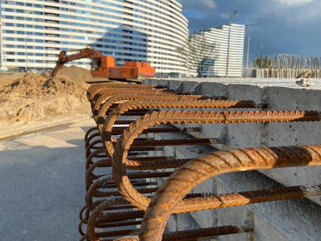 Iron metal rusty reinforcement in concrete and industrial reinforced concrete slabs used