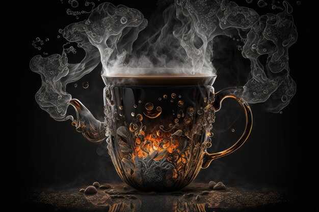 Iron mug filled with hot coffee the steam rising from the surface