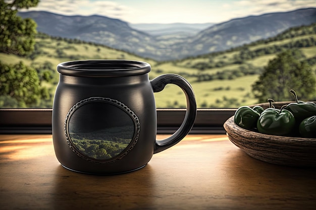 Foto tazza in ferro con vista su vegetazione lussureggiante e dolci colline