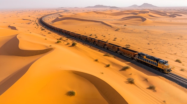 Iron Ore Transport Aerial Shot of Freight Train Crossing Mauritanian Desert to Nouadhibou