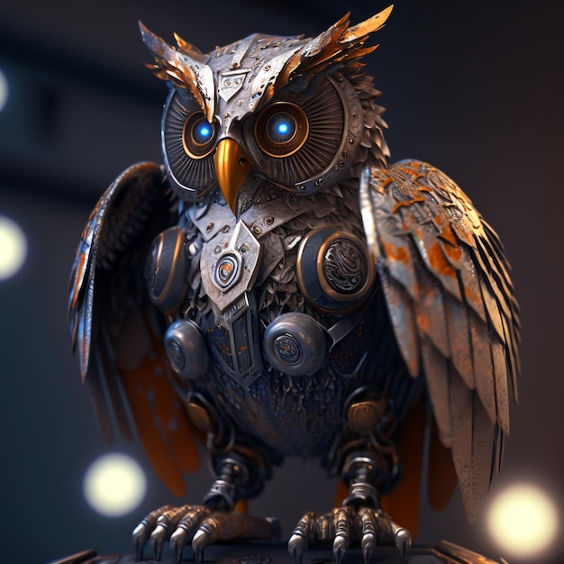 A Iron Owl robot armored mechanical owl Stylized metal collage of owl