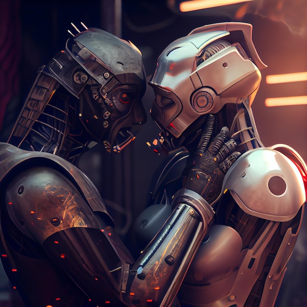 Iron Robots kiss on a dark background Illustration Generative AI