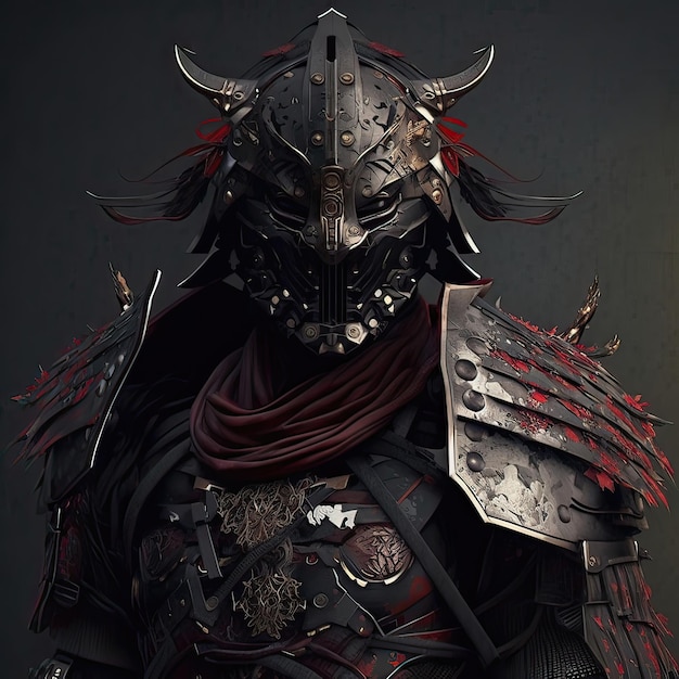 Iron samurai in a closed menacing helmet Japanese culture swordsman fantasy steel armor high definition art generative artificial intelligence