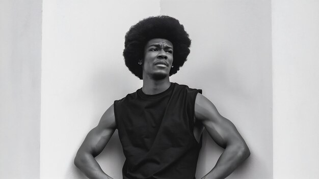 Ironic thoughtful handsome young man with an afro wearing a black sleeveless cotton tshirt on whit