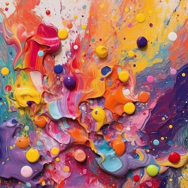 Irregular splatters of vibrant paint in a rainbow of colors bring an artistic and playful vibe