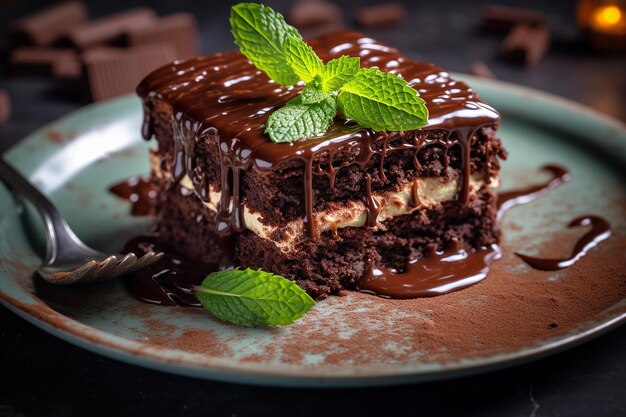 Photo irresistible chocolate cake with chocolate drizzle and raspberry coulis