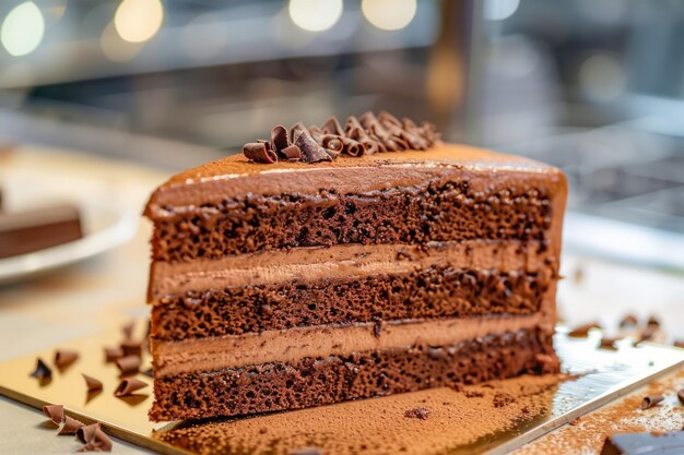 Irresistible Chocolate Layer Cake Slice with Shavings on a Glass Plate in a Patisserie Display